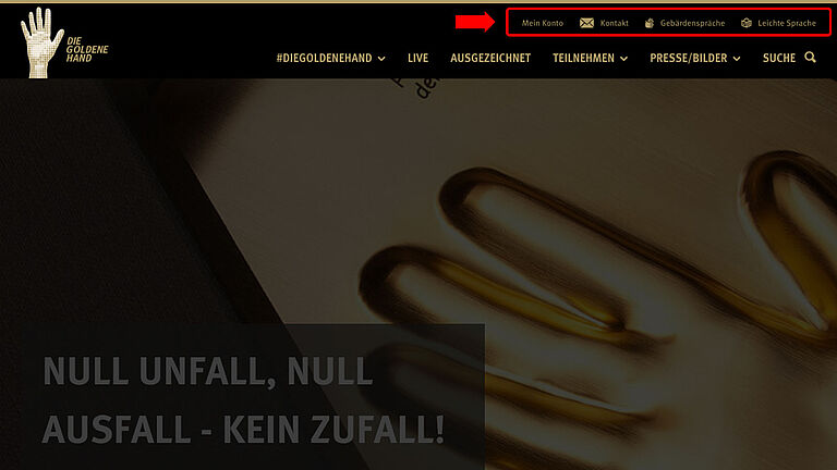 Screenshot: Website der Goldenen Hand mit rot markierter Service-Navigationsleiste