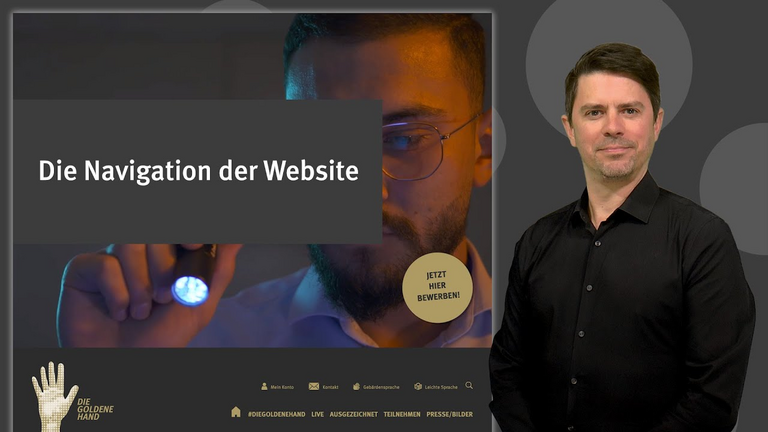 Screenshot eines Videos, das die Navigation der Goldenen-Hand-Website mittels Gebärdensprache erklärt.