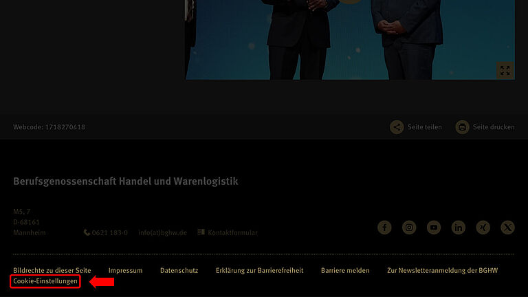 Screenshot: Website der Goldenen Hand mit rot markierten Cookie-Einstellungen