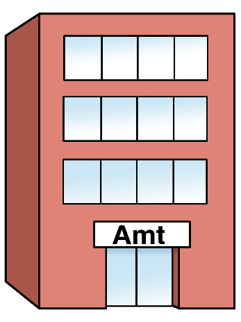 Ein schemenhaftes Gebäude mit der Anschrift "Amt"