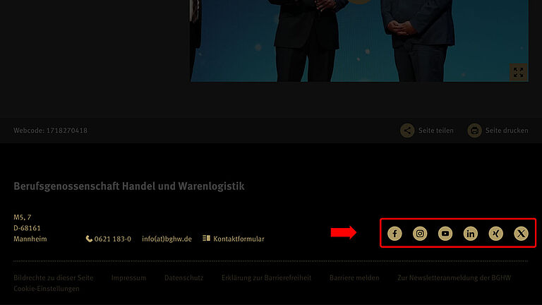 Screenshot: Website der Goldenen Hand mit rot markierter Social Media Leiste