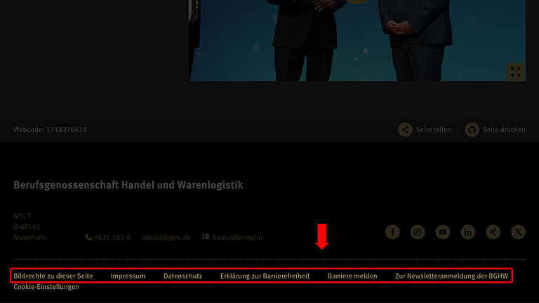 Website der Goldenen Hand mit rot markiertem Navigations-Footer