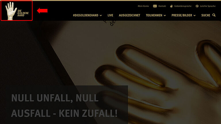 Screenshot: Website der Goldenen Hand mit rot markiertem Logo