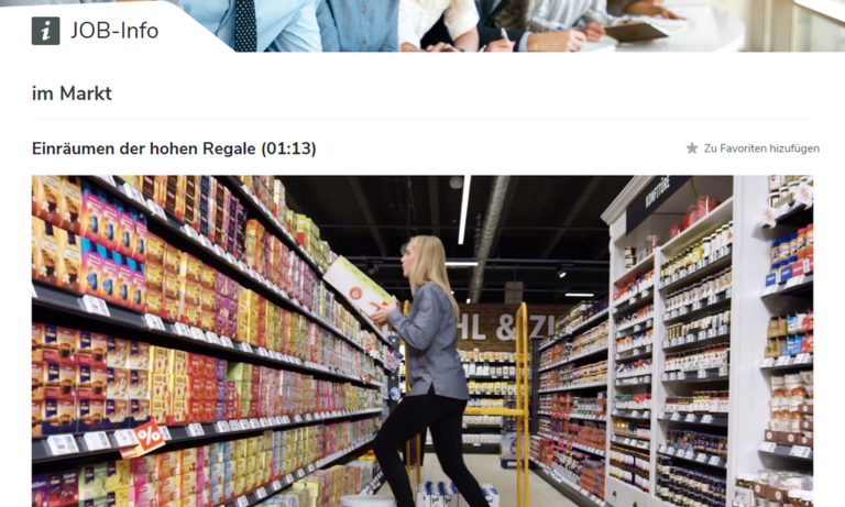 Screenshot des Onlineportals "Gemeinsam Topfit" mit einem Bild einer jungen Frau, die in einem Supermarkt ein Regal mit Lebensmitteln befüllt