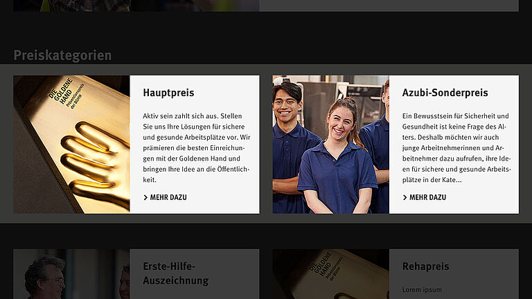 Screenshot: Website der Goldenen Hand mit Teaserbildern