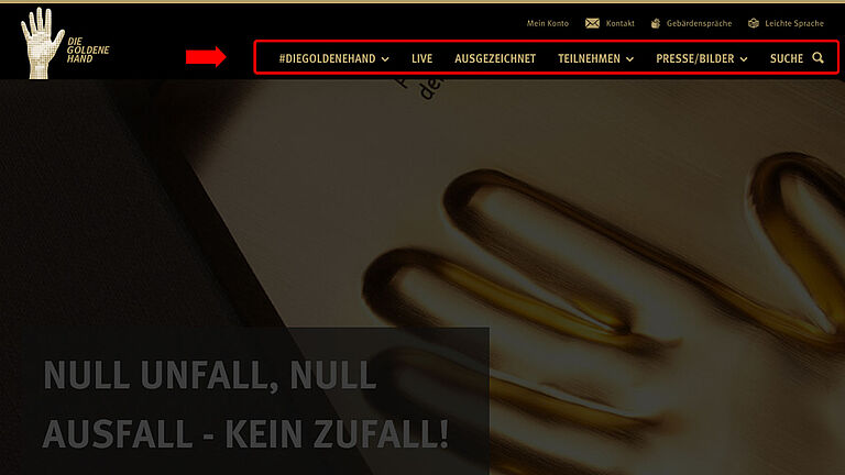 Screenshot: Website der Goldenen Hand mit rot markiertem Hauptmenü